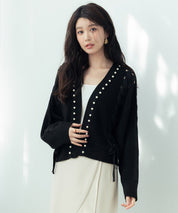 パール編み込みドロップショルダーニットカーディガンsdpxyf2995 ブラック