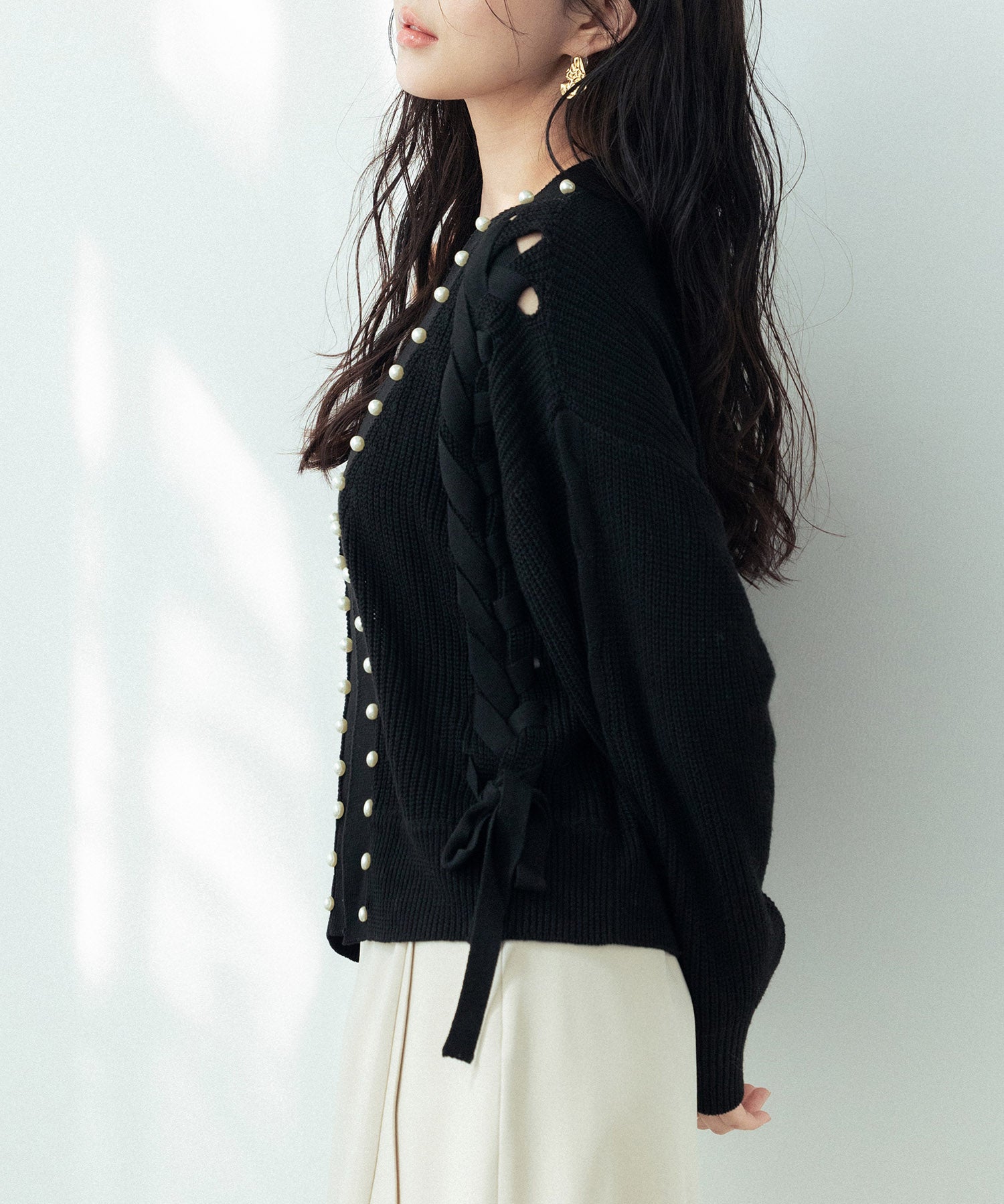 パール編み込みドロップショルダーニットカーディガンsdpxyf2995 ブラック