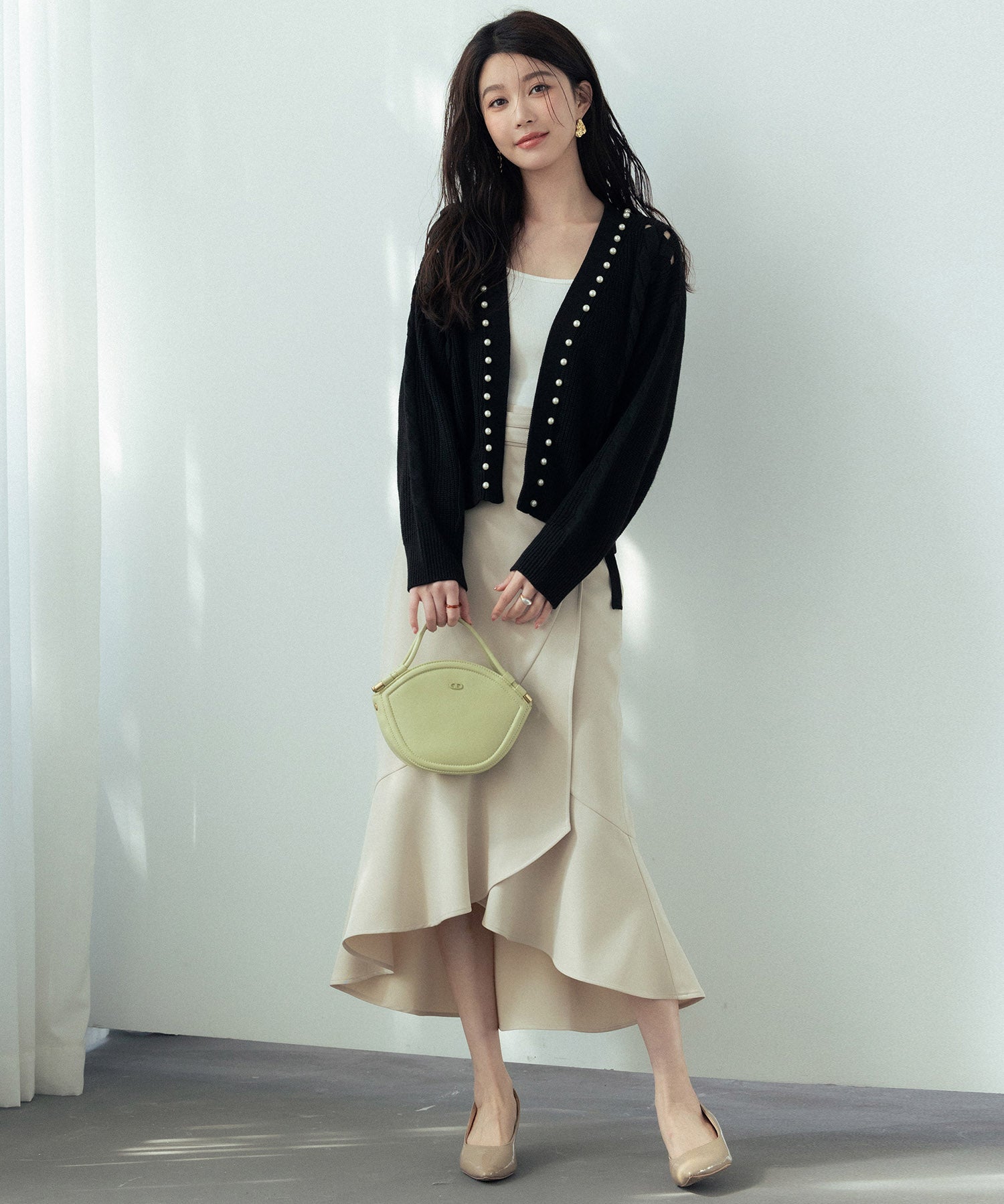 パール編み込みドロップショルダーニットカーディガンsdpxyf2995 ブラック