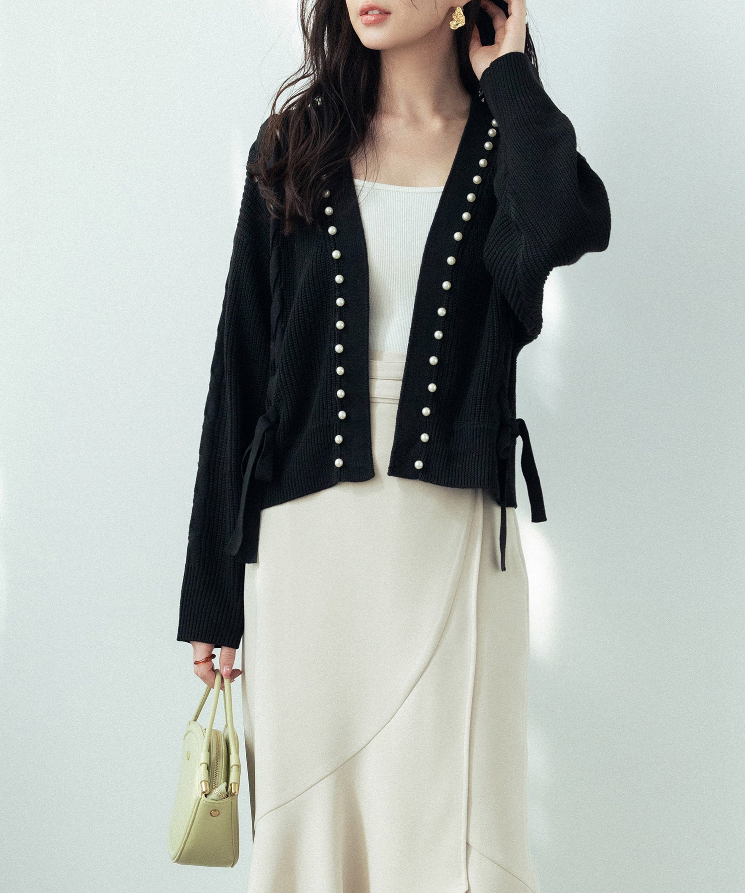 パール編み込みドロップショルダーニットカーディガンsdpxyf2995 ブラック