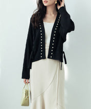 パール編み込みドロップショルダーニットカーディガンsdpxyf2995 ブラック