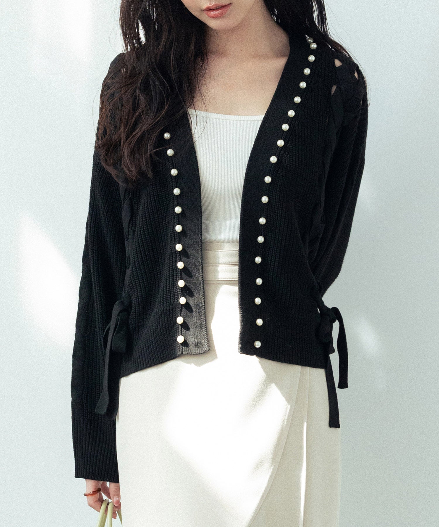 パール編み込みドロップショルダーニットカーディガンsdpxyf2995 ブラック