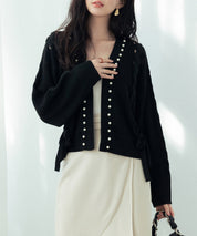 パール編み込みドロップショルダーニットカーディガンsdpxyf2995 ブラック