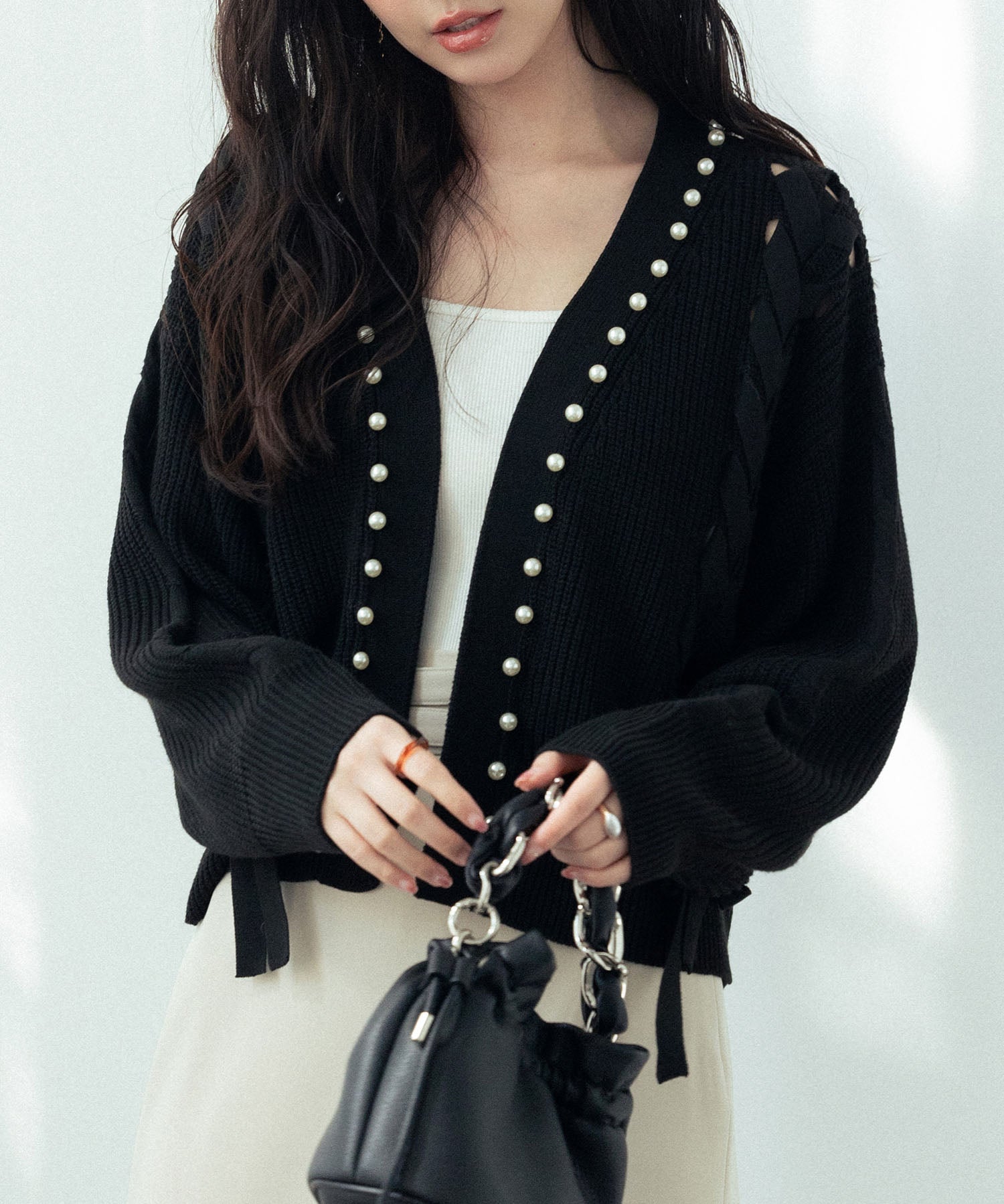 パール編み込みドロップショルダーニットカーディガンsdpxyf2995 ブラック