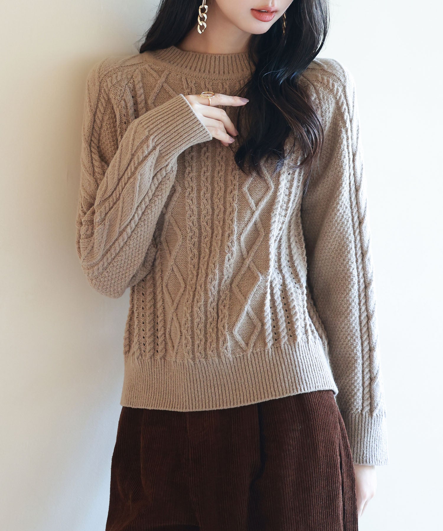 ラグランスリーブ変形編みニットプルオーバーsdpxyf2996-103-17