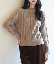 ラグランスリーブ変形編みニットプルオーバーsdpxyf2996 ブラウン