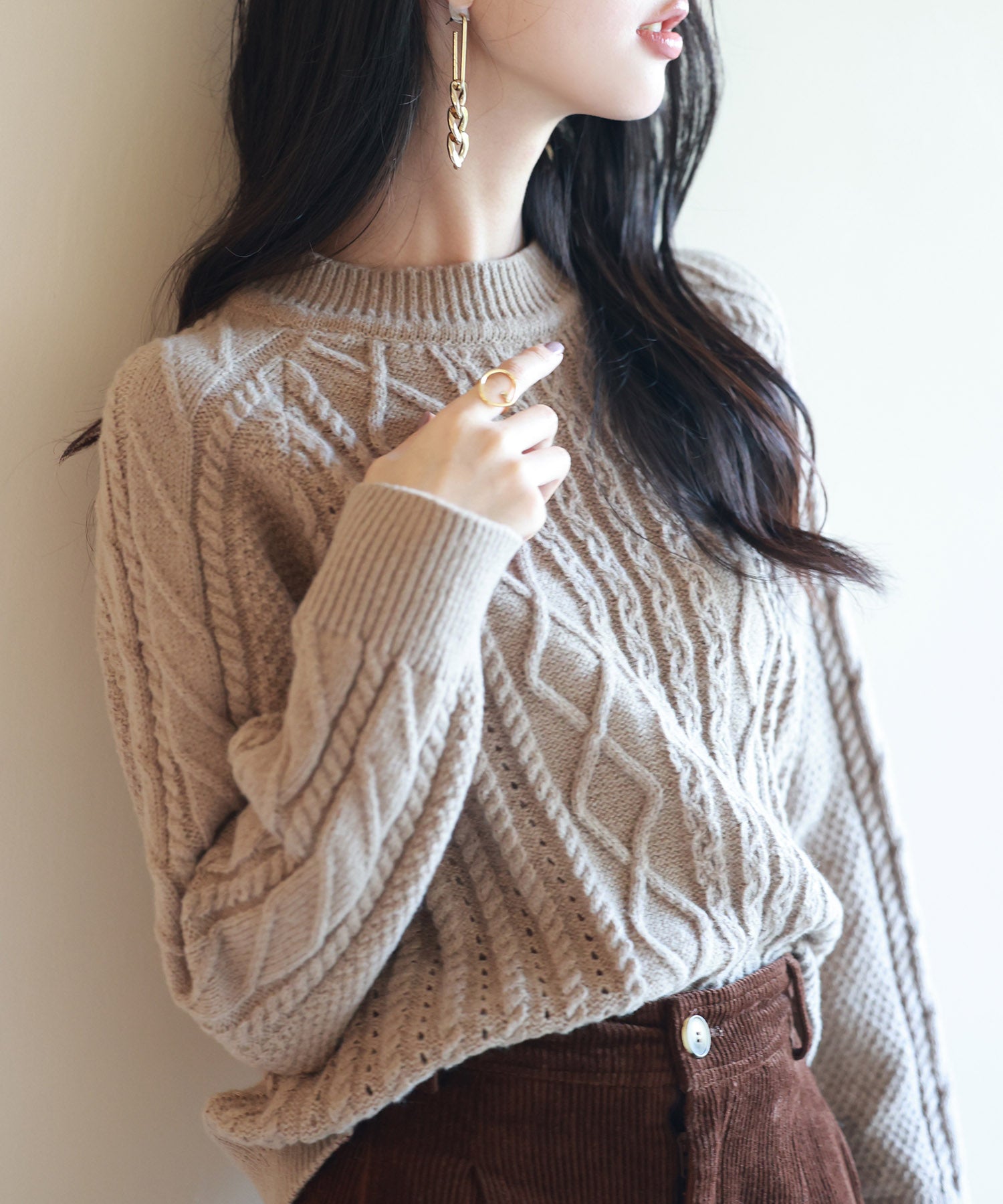 ラグランスリーブ変形編みニットプルオーバーsdpxyf2996 ブラウン