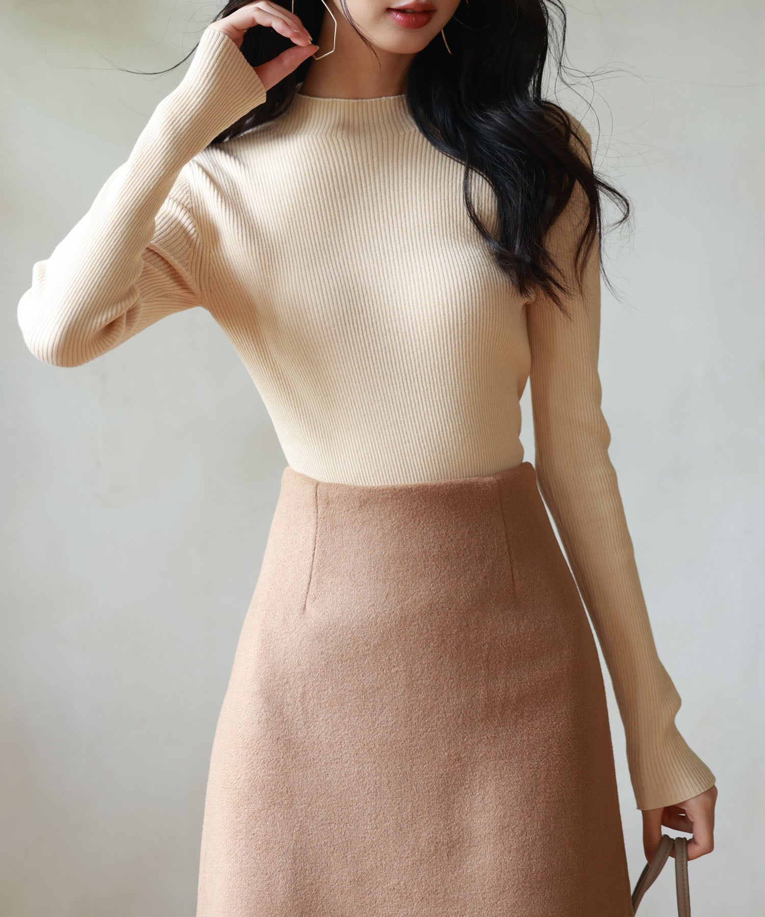 リブ編みプチハイネックニットプルオーバーsdpxyf3015 ベージュ