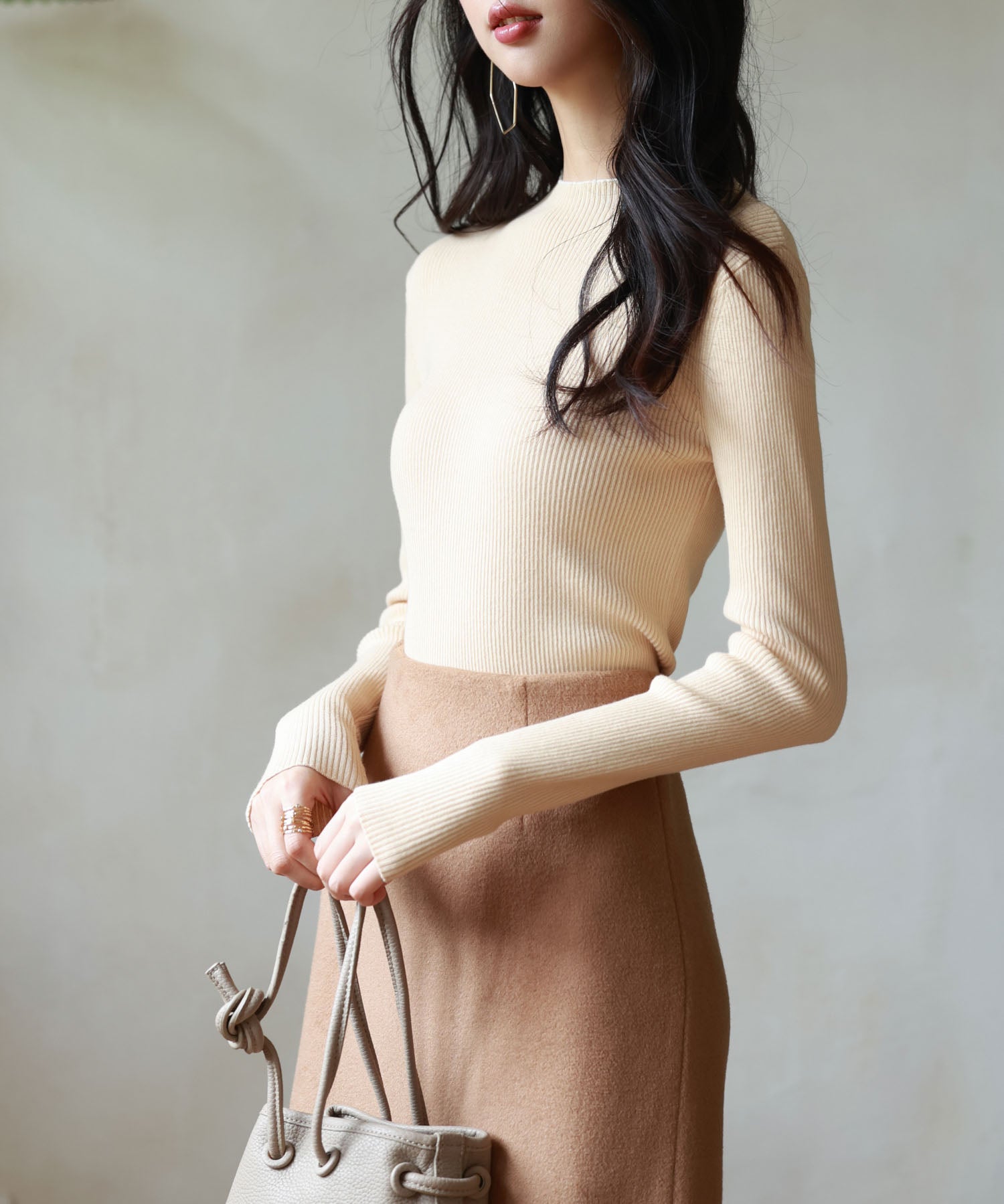 リブ編みプチハイネックニットプルオーバーsdpxyf3015 ベージュ