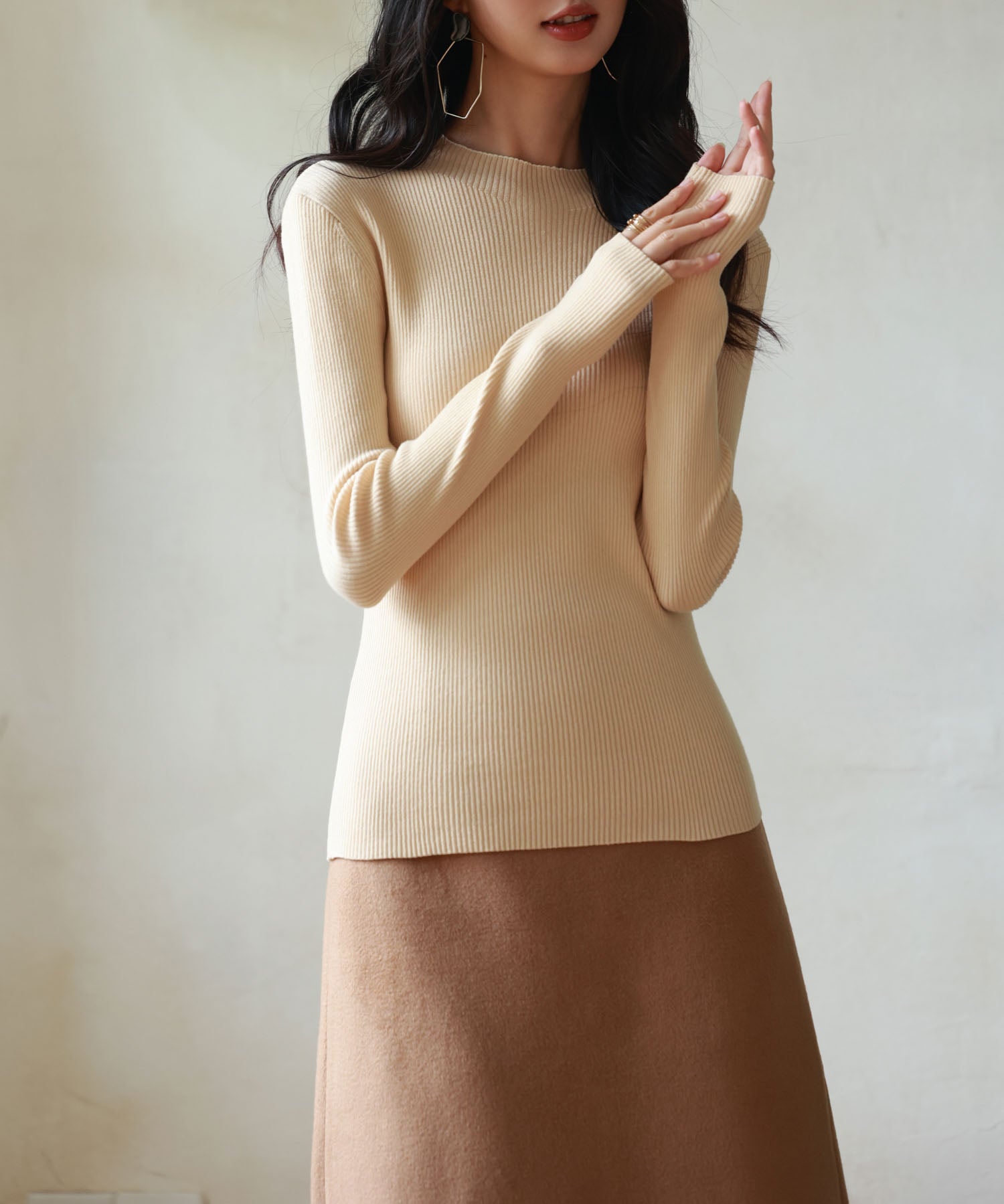 リブ編みプチハイネックニットプルオーバーsdpxyf3015 ベージュ