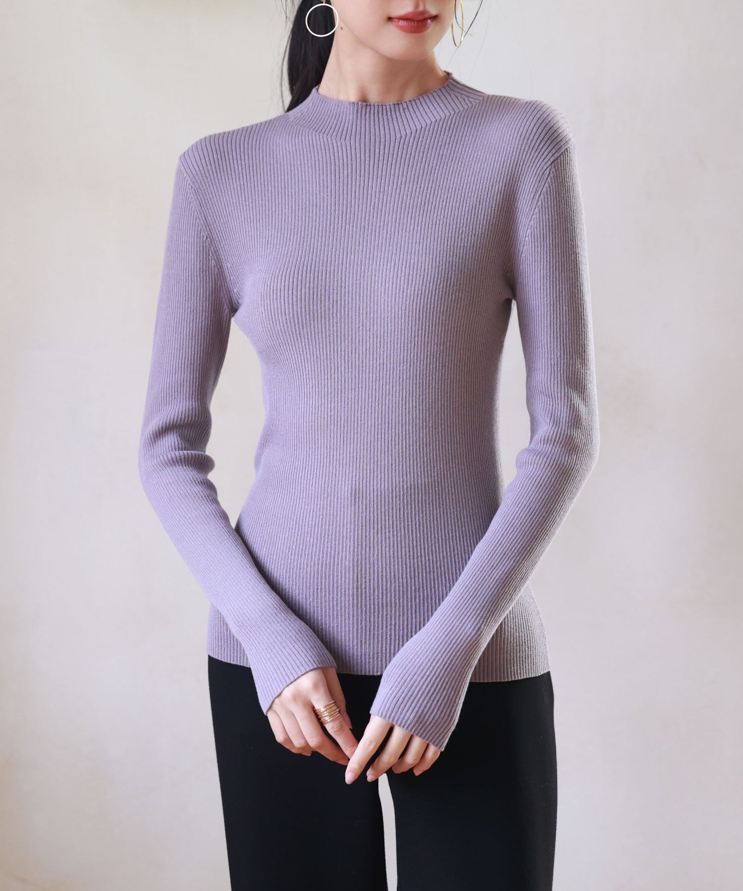 リブ編みプチハイネックニットプルオーバーsdpxyf3015 パープル
