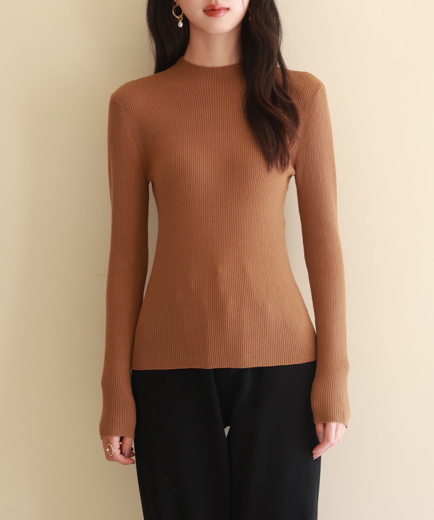 リブ編みプチハイネックニットプルオーバーsdpxyf3015 ブラウン