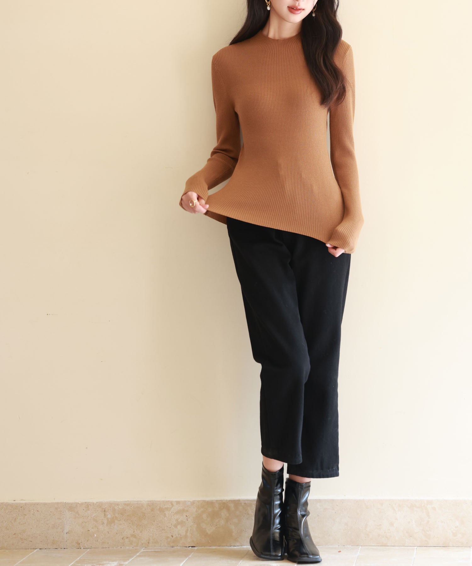 リブ編みプチハイネックニットプルオーバーsdpxyf3015 ブラウン