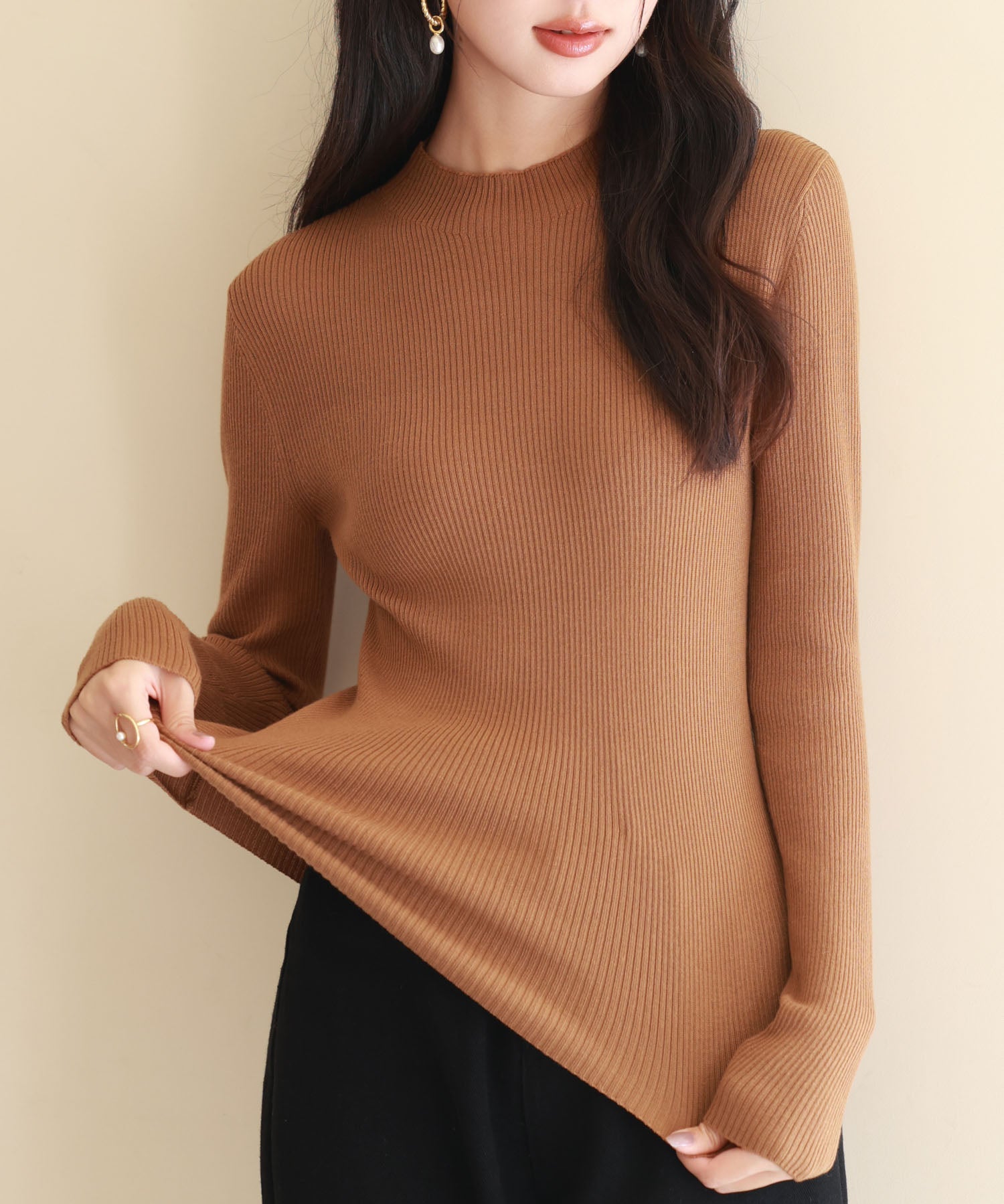 リブ編みプチハイネックニットプルオーバーsdpxyf3015 ブラウン