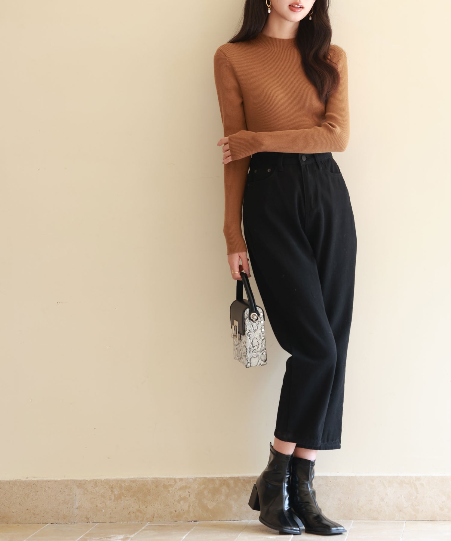 リブ編みプチハイネックニットプルオーバーsdpxyf3015 ブラウン