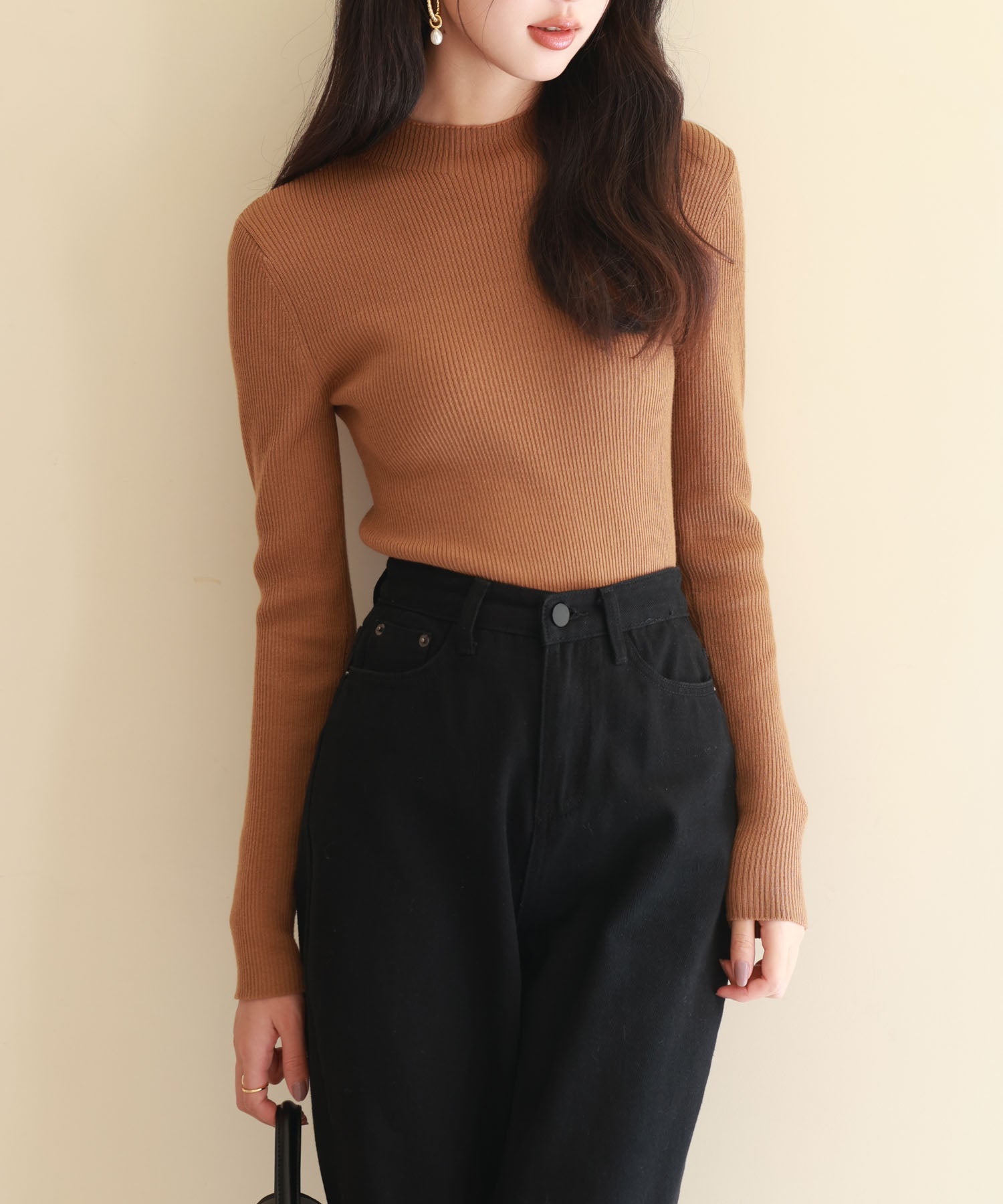 リブ編みプチハイネックニットプルオーバーsdpxyf3015 ブラウン