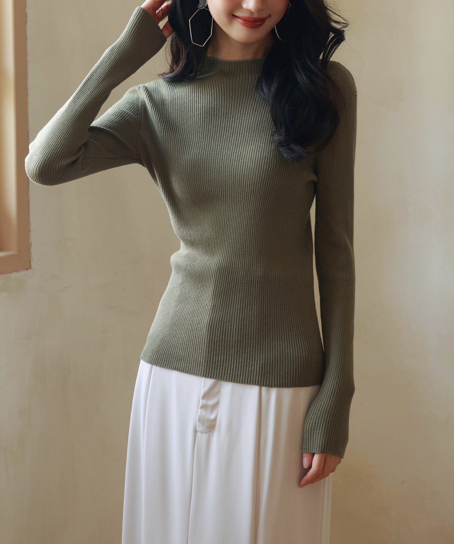 リブ編みプチハイネックニットプルオーバーsdpxyf3015 カーキ