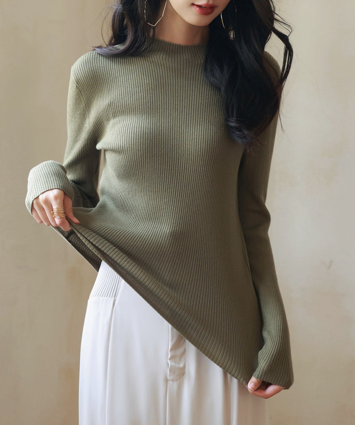 リブ編みプチハイネックニットプルオーバーsdpxyf3015 カーキ