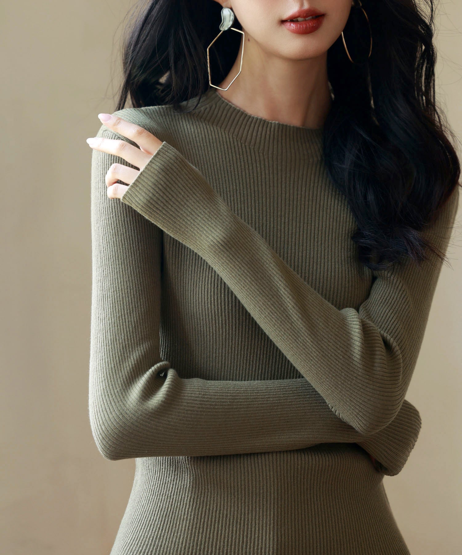 リブ編みプチハイネックニットプルオーバーsdpxyf3015 カーキ