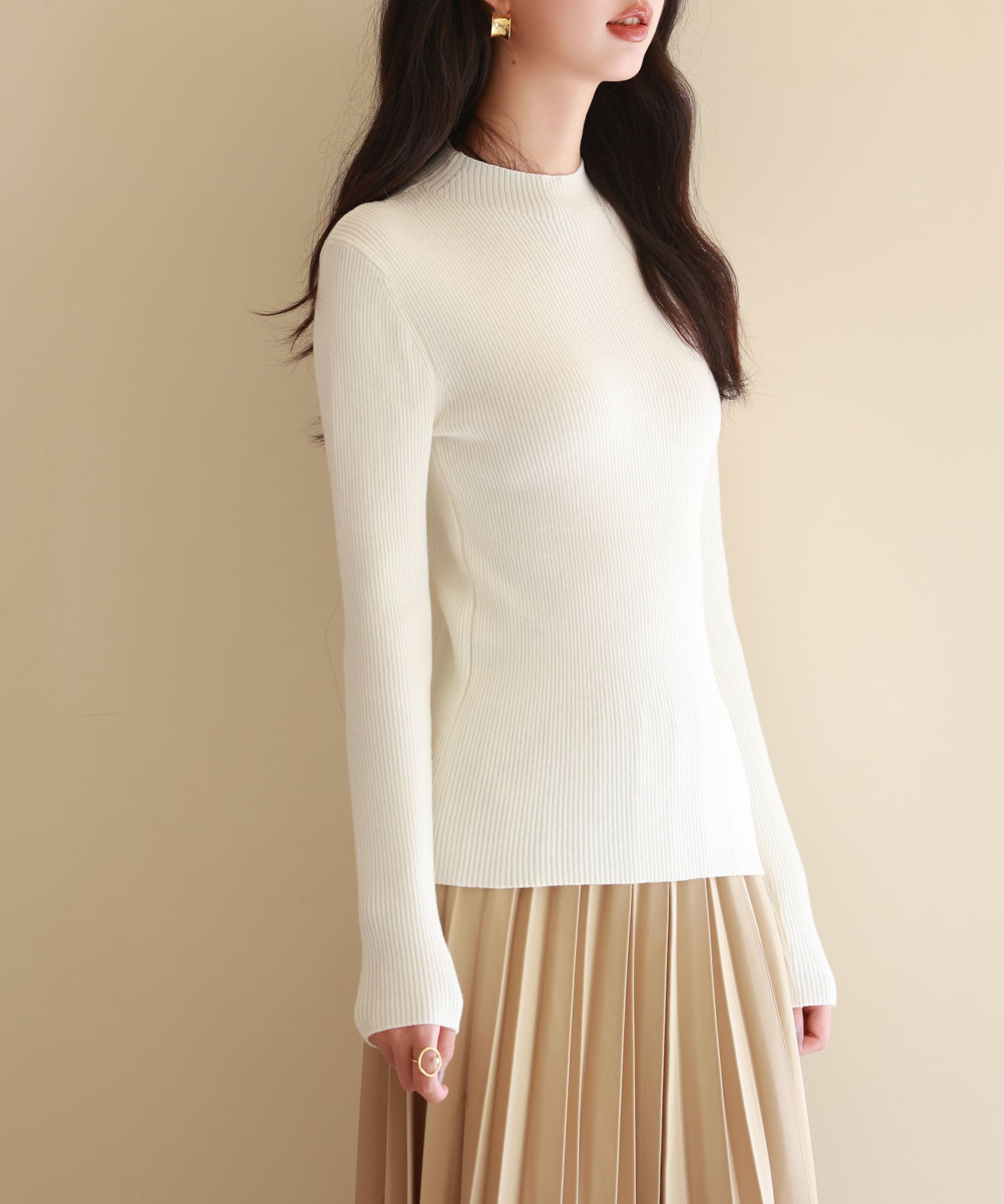 リブ編みプチハイネックニットプルオーバーsdpxyf3015 アイボリー