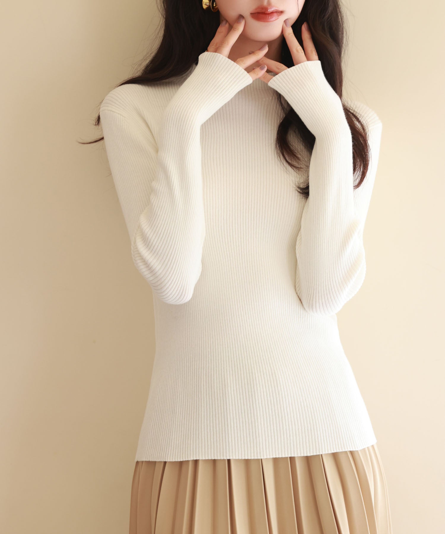 リブ編みプチハイネックニットプルオーバーsdpxyf3015 アイボリー