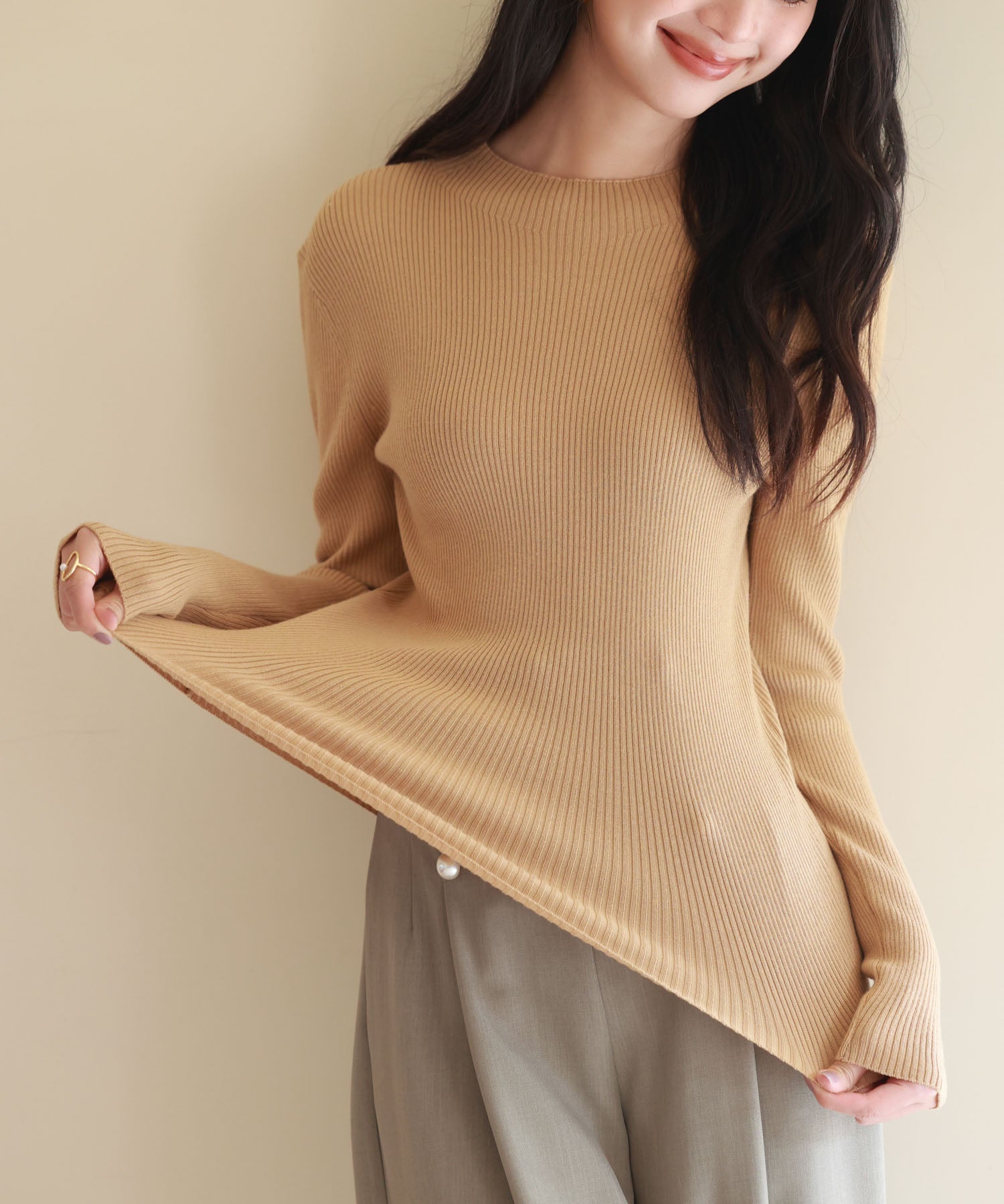 リブ編みプチハイネックニットプルオーバーsdpxyf3015 ライトブラウン