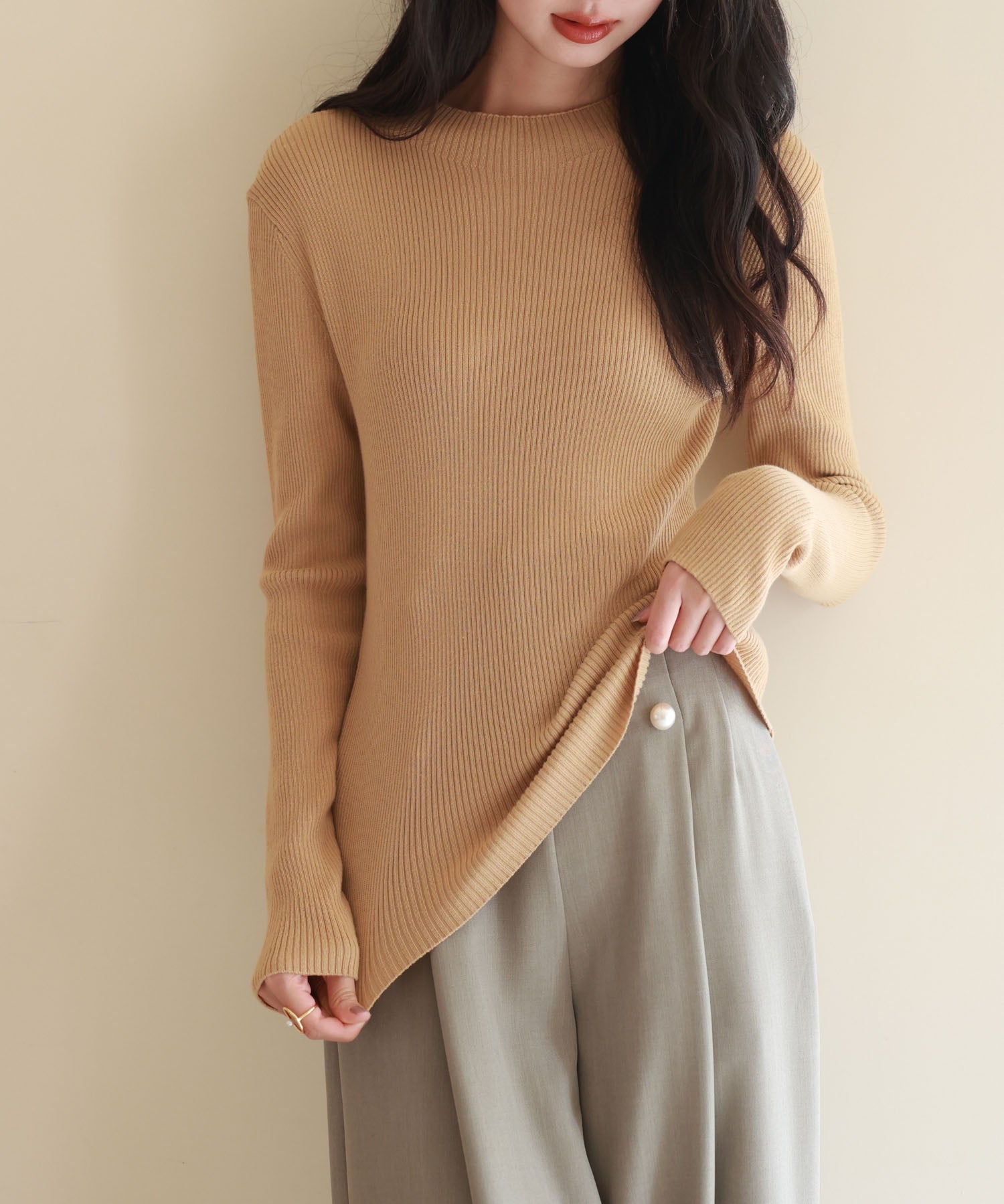 リブ編みプチハイネックニットプルオーバーsdpxyf3015 ライトブラウン