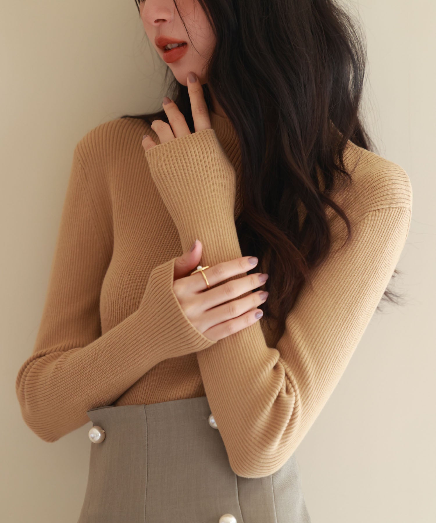 リブ編みプチハイネックニットプルオーバーsdpxyf3015 ライトブラウン