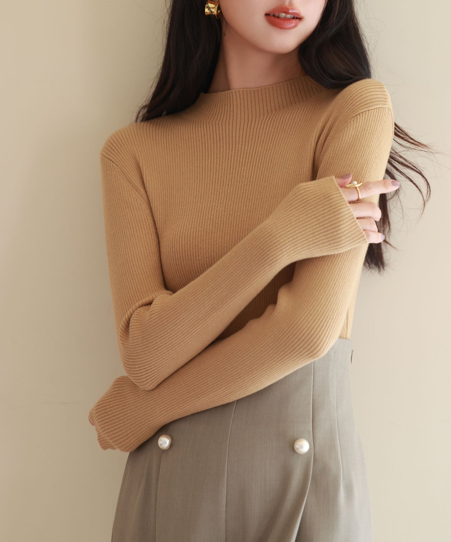 リブ編みプチハイネックニットプルオーバーsdpxyf3015 ライトブラウン