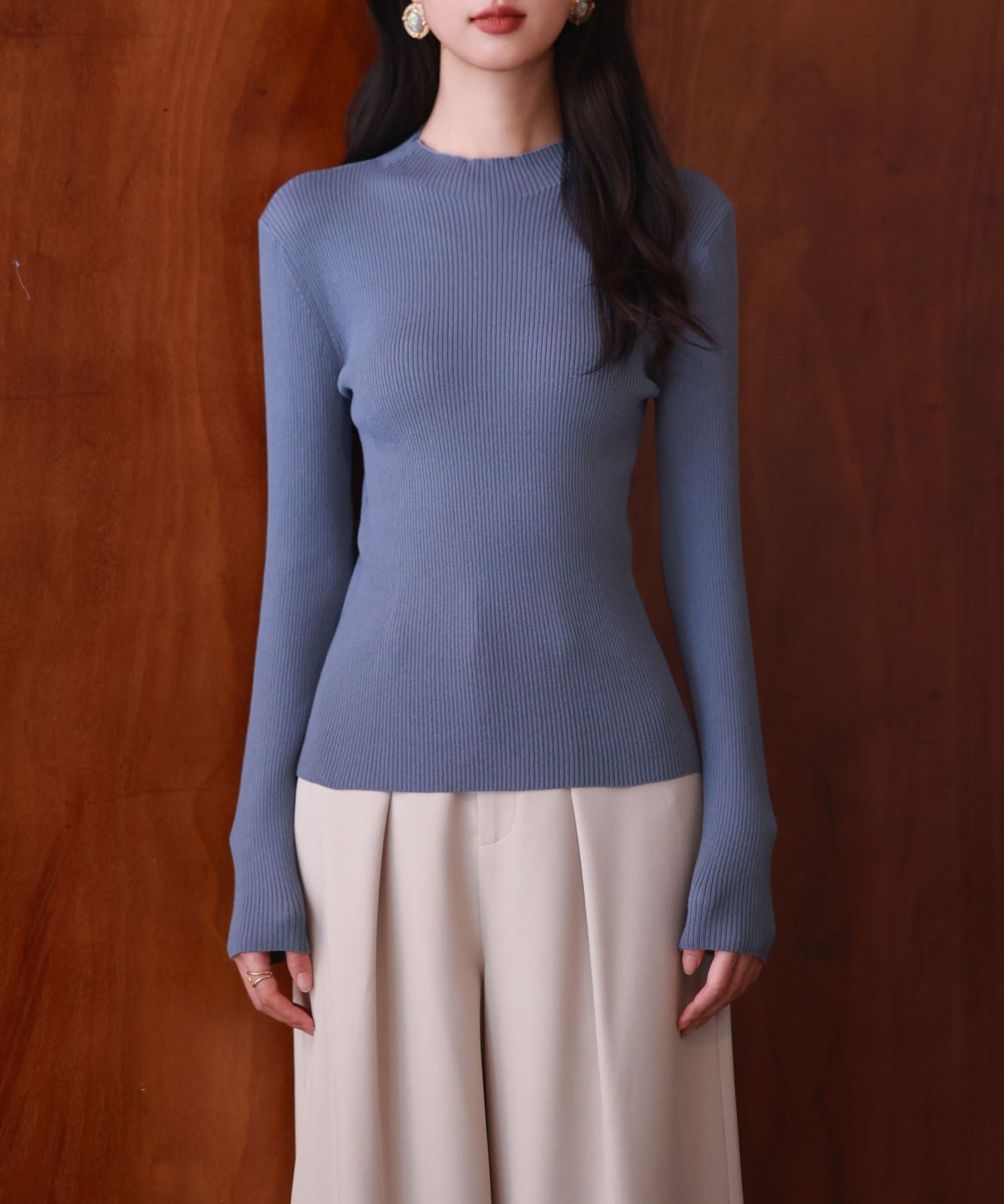 リブ編みプチハイネックニットプルオーバーsdpxyf3015 ブルーグレー