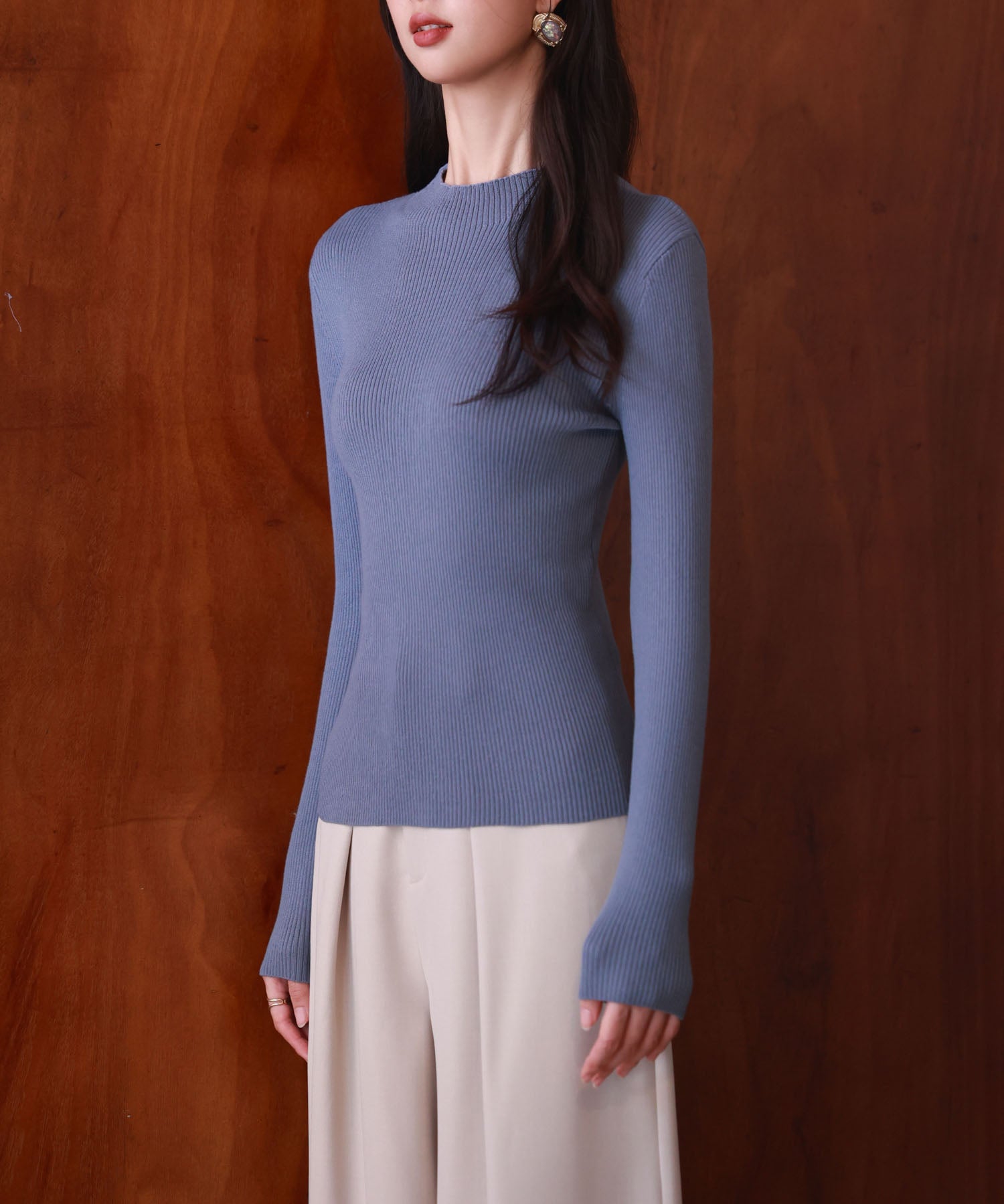 リブ編みプチハイネックニットプルオーバーsdpxyf3015 ブルーグレー