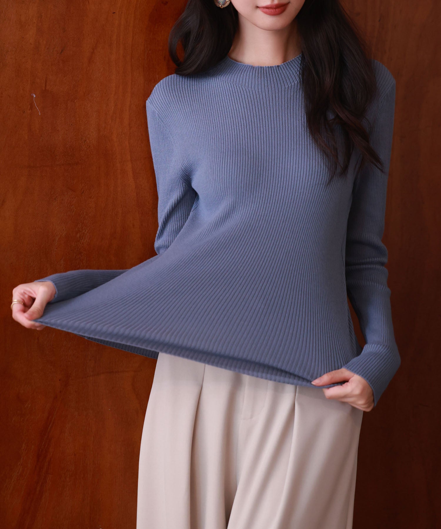 リブ編みプチハイネックニットプルオーバーsdpxyf3015 ブルーグレー