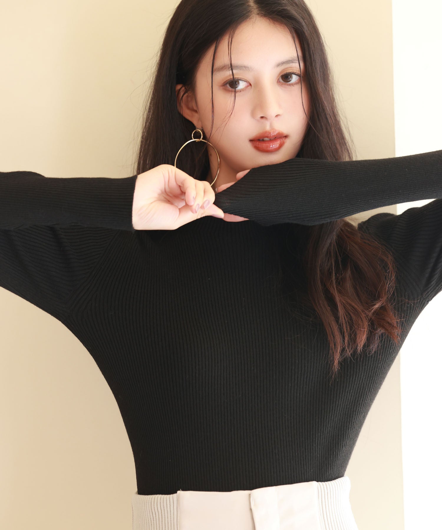 リブ編みプチハイネックニットプルオーバーsdpxyf3015 ブラック