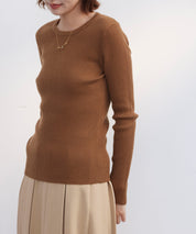 リブ編みクルーネックニットプルオーバーsdpxyf3015b ブラウン