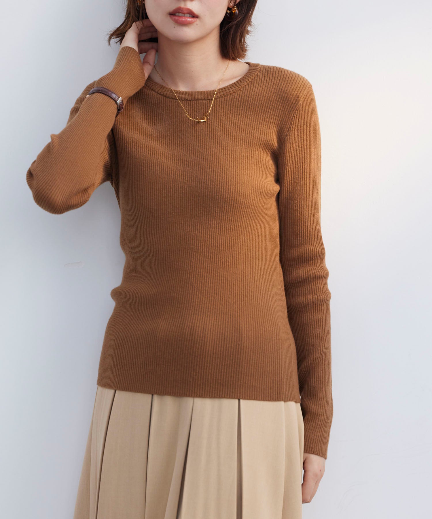 リブ編みクルーネックニットプルオーバーsdpxyf3015b ブラウン