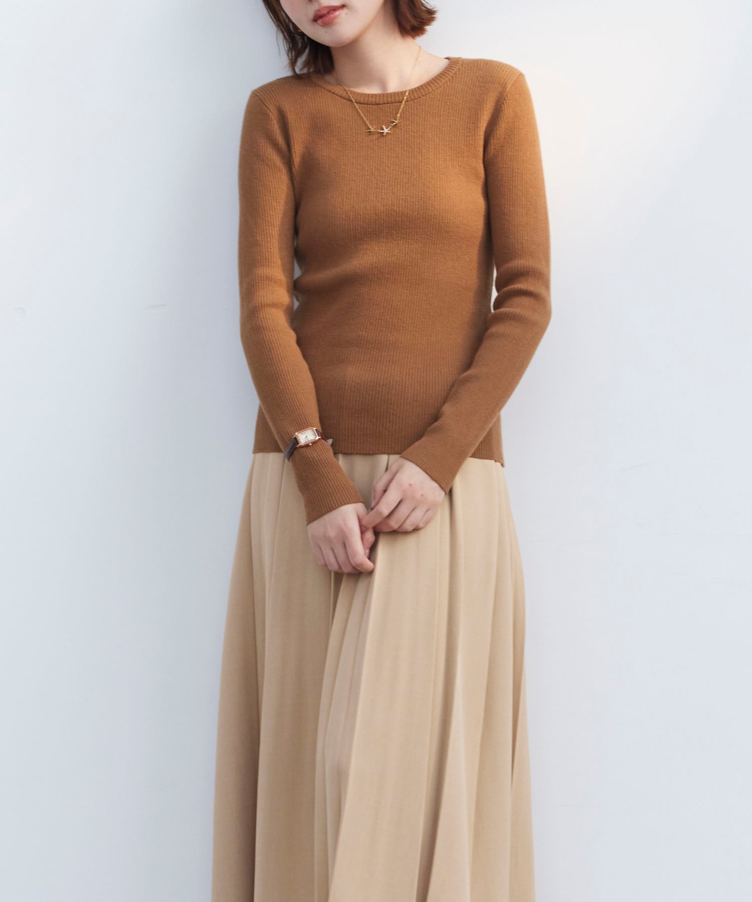リブ編みクルーネックニットプルオーバーsdpxyf3015b ブラウン