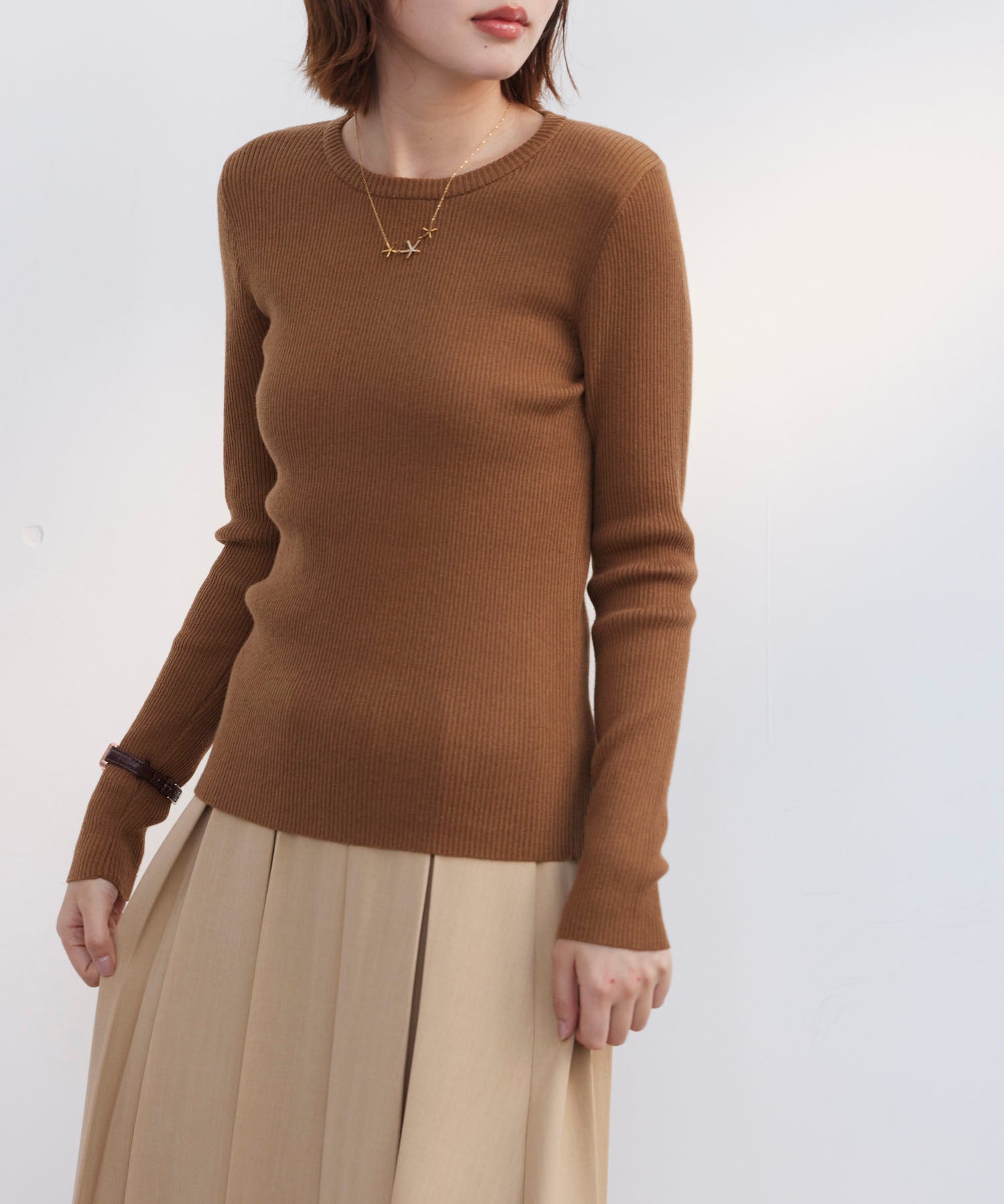 リブ編みクルーネックニットプルオーバーsdpxyf3015b ブラウン