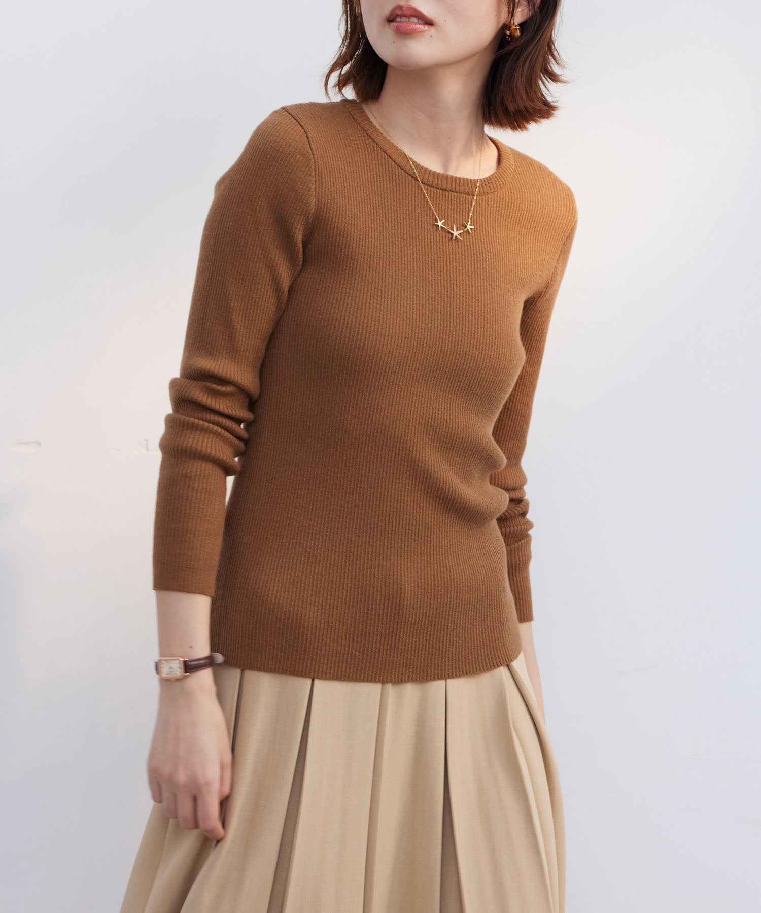 リブ編みクルーネックニットプルオーバーsdpxyf3015b ブラウン