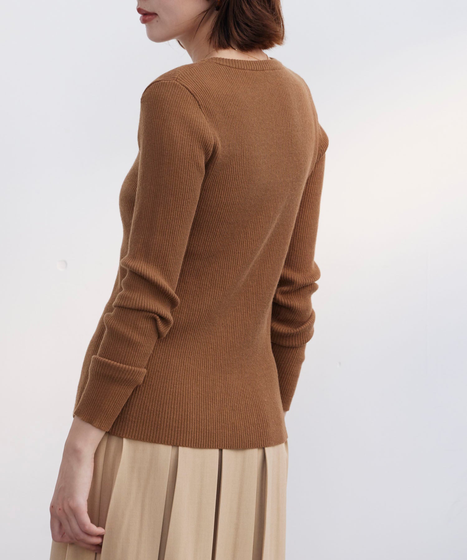 リブ編みクルーネックニットプルオーバーsdpxyf3015b ブラウン