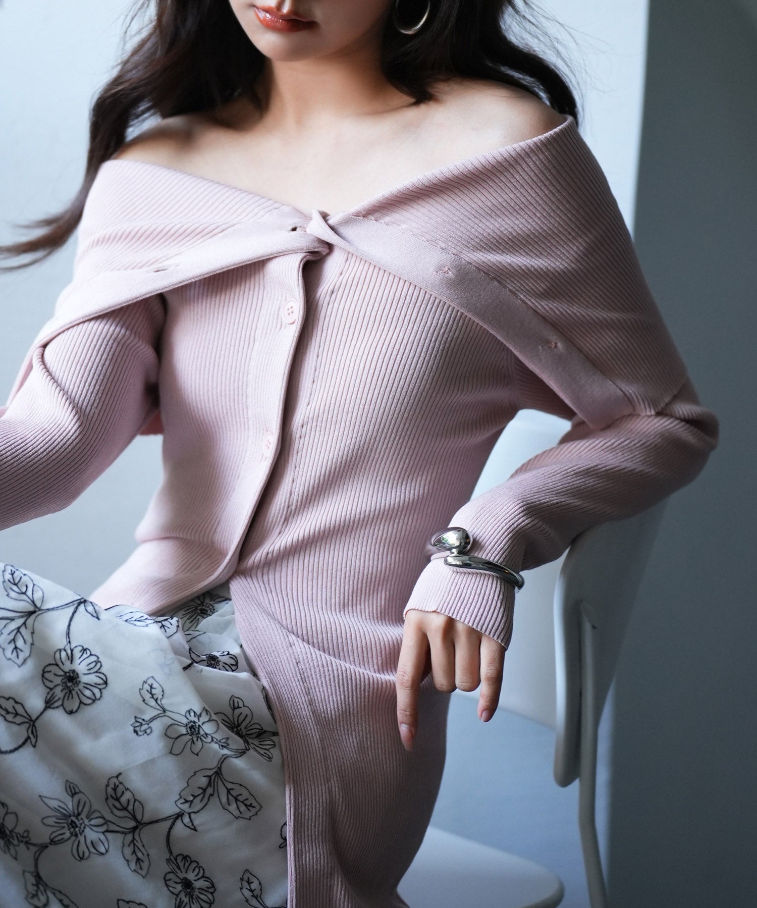 オフショルダーリブニットプルオーバーsdpxyf6019 ピンク