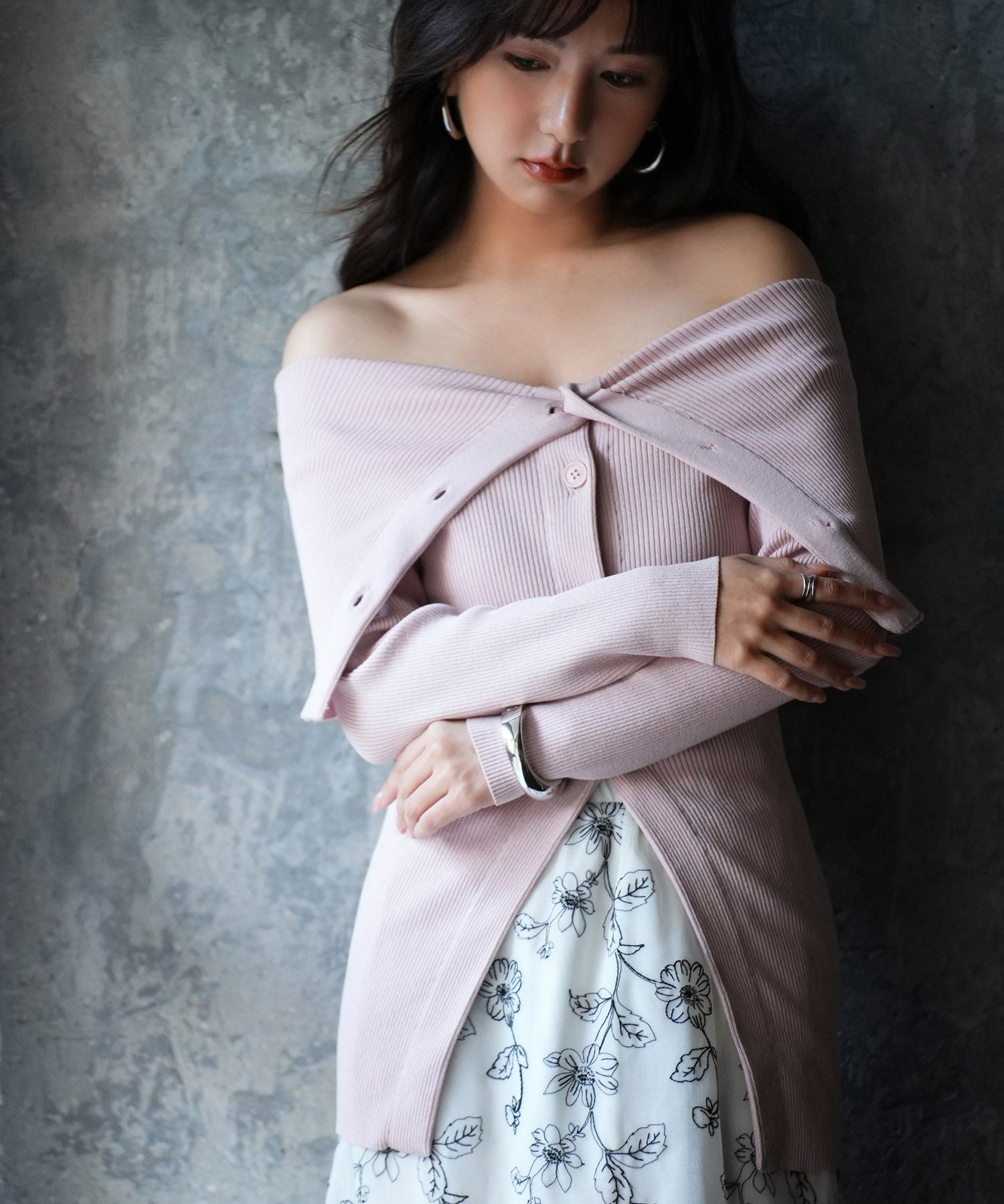 オフショルダーリブニットプルオーバーsdpxyf6019 ピンク