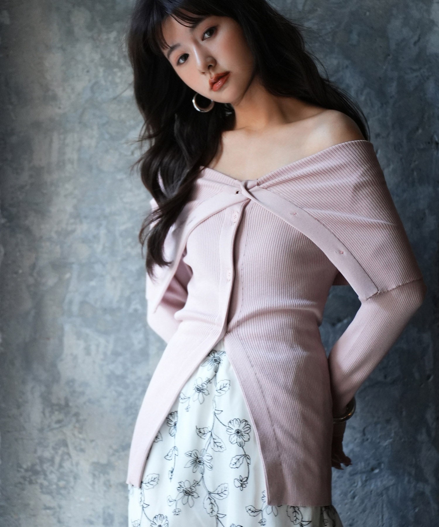 オフショルダーリブニットプルオーバーsdpxyf6019 ピンク