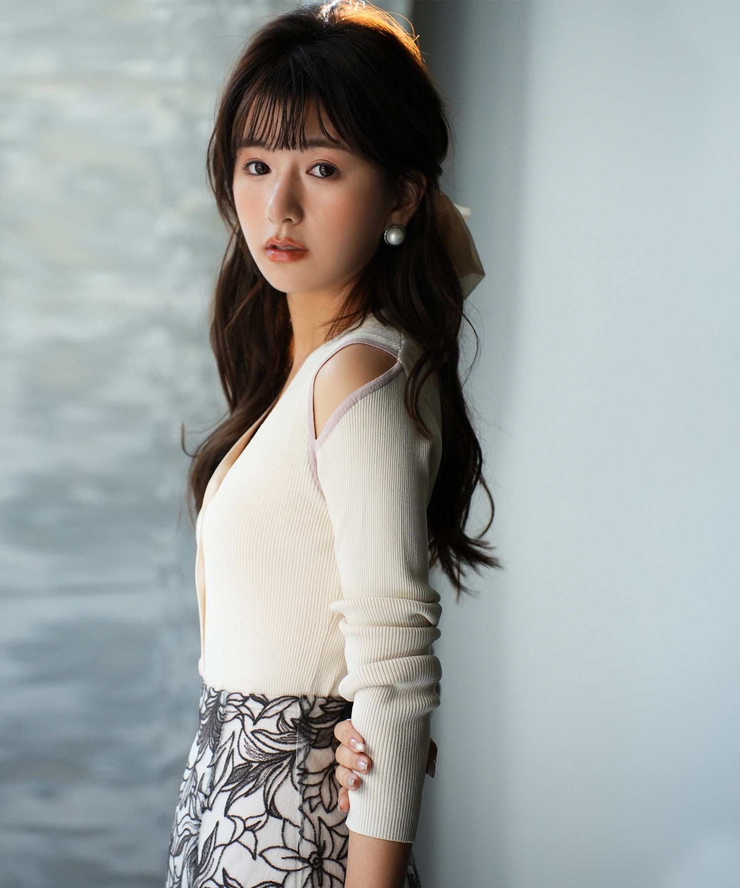 配色オープンショルダーニットプルオーバーsdpxyf6068 アイボリー