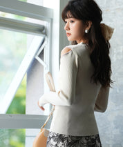 配色オープンショルダーニットプルオーバーsdpxyf6068 アイボリー