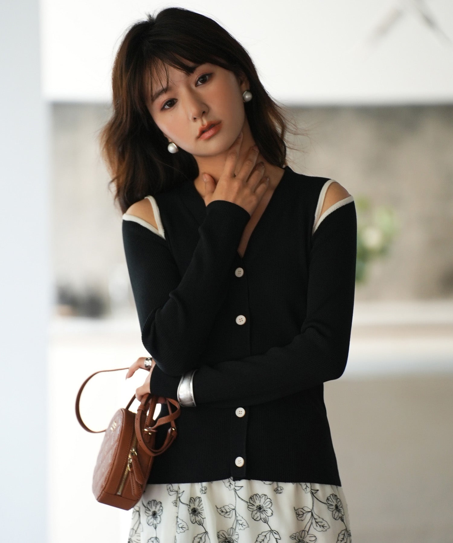 配色オープンショルダーニットプルオーバーsdpxyf6068 ブラック