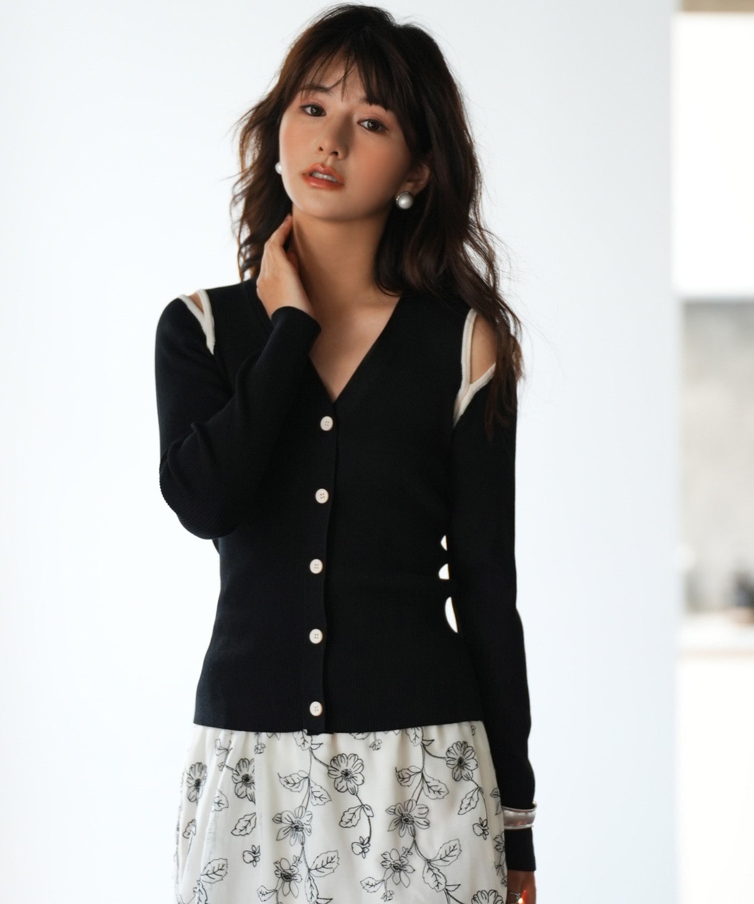 配色オープンショルダーニットプルオーバーsdpxyf6068 ブラック