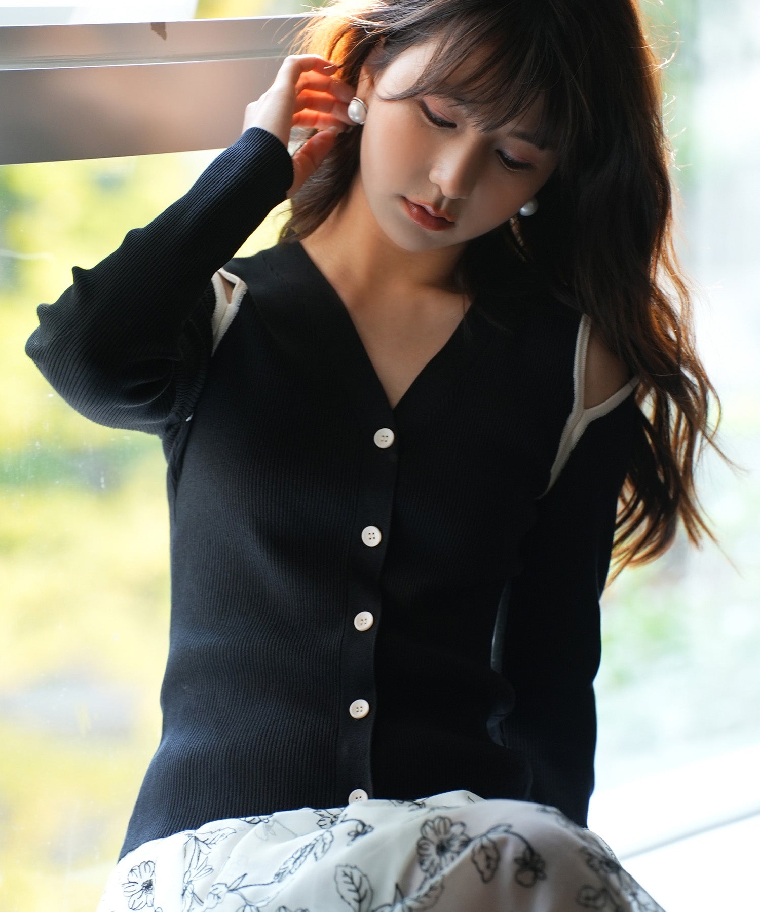 配色オープンショルダーニットプルオーバーsdpxyf6068 ブラック