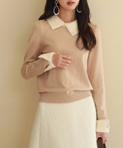 襟付きハイゲージ編みニットプルオーバーsdpxyf6301 ベージュ