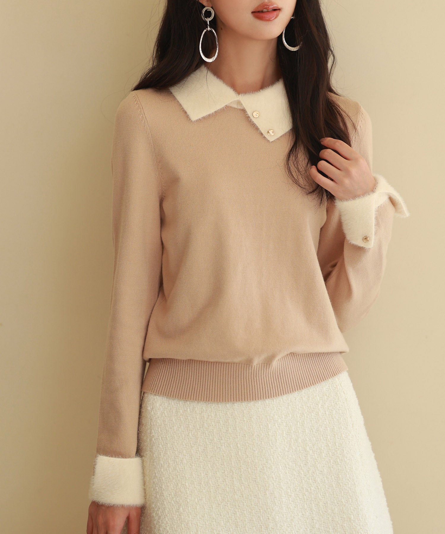 襟付きハイゲージ編みニットプルオーバーsdpxyf6301 ベージュ
