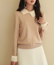 襟付きハイゲージ編みニットプルオーバーsdpxyf6301 ベージュ